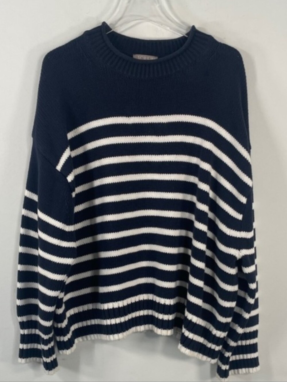 J Crew Plus Size 100% Cotton Navy and White Striped Boxy Fit Sweater Sz 2X